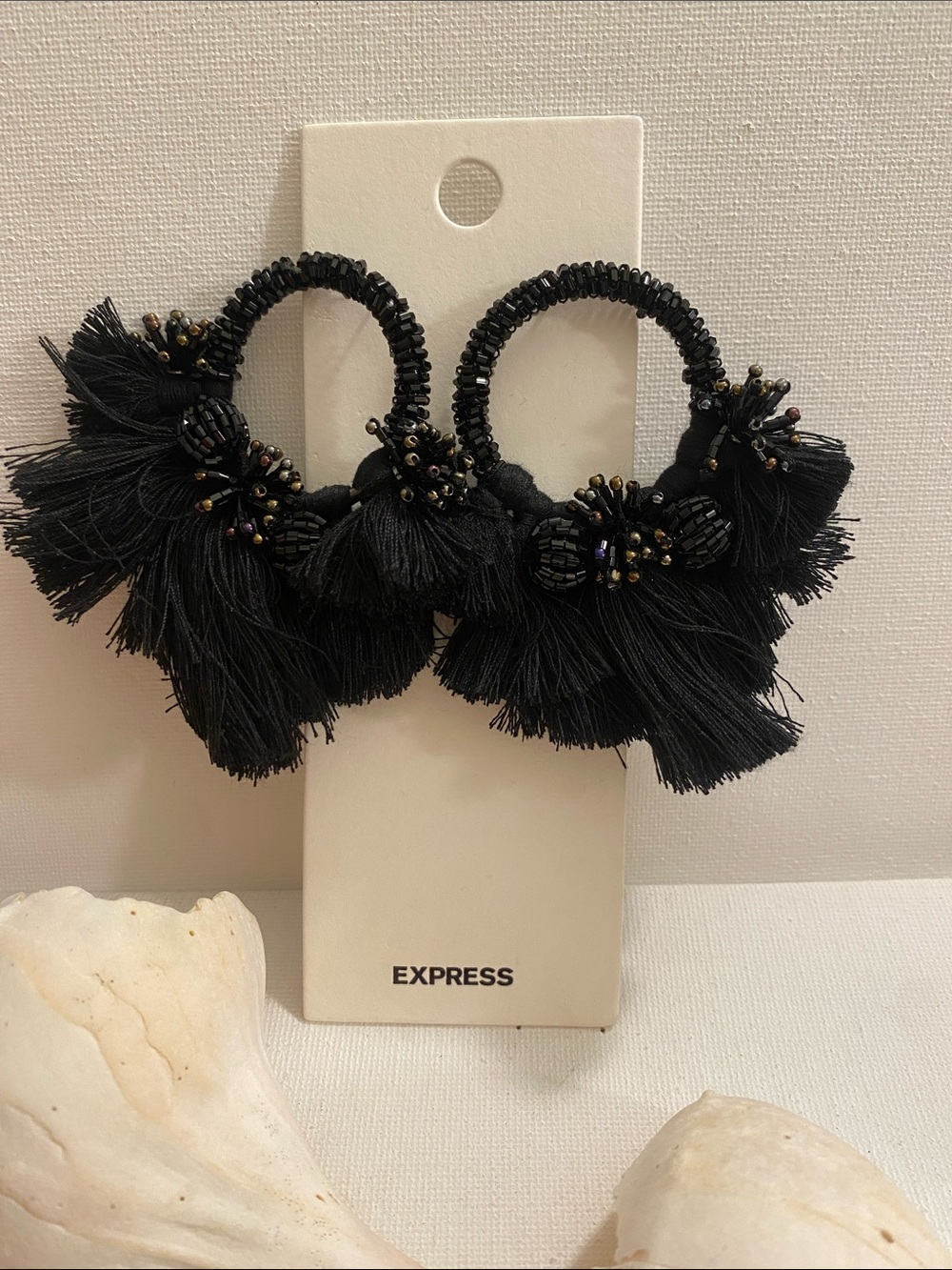 Express Black Beaded Tassel Hoop Earrings